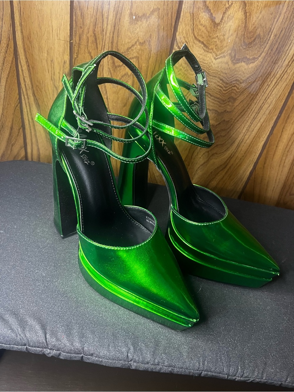 Metallic Emerald Green Pointed Armory Heels with Ankle Straps